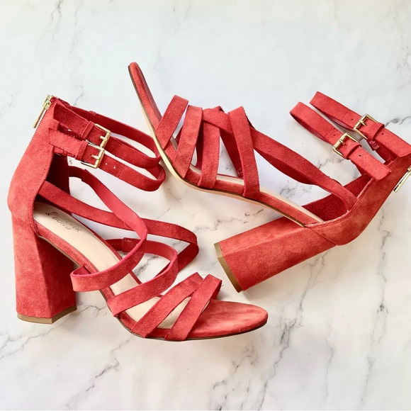 Bleecker and Bond Shoes - Bleecker & Bond Mindy Heels Womens Size 8 Cage Chunky Sandals Red Suede Strappy